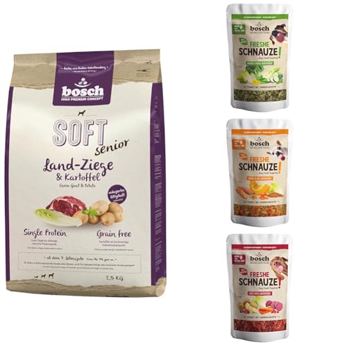 Bosch HPC Soft Senior Ziege & Kartoffel 1 x 2.5 kg halbfeuchtes Senior Hundefutter + Freshe Schnauze - Knackig grünes Ackergemüse + Sonnig gelbes Ackergemüse + Erdig rotes Ackergemüse| Getreidefrei von bosch TIERNAHRUNG