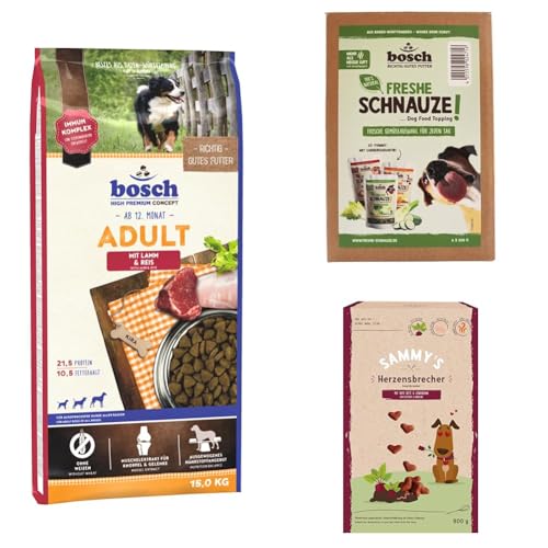 Bosch Hundefutter Bundle: Trockenfutter Adult mit Lamm & Reis 15 kg + Sammy's Herzensbrecher Snack für Hunde 800 g + Mixpaket Freshe Schnauze Gemüse-Topping für Hunde 6 x 200 g | Paket für Hunde von bosch TIERNAHRUNG