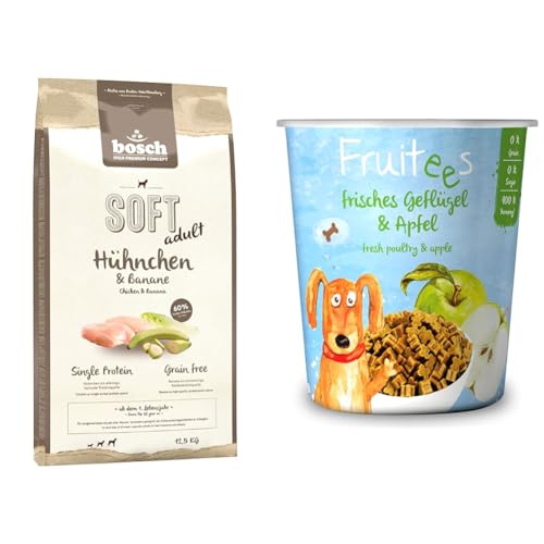 Bundle aus Bosch HPC Soft Hühnchen & Banane | halbfeuchtes Hundefutter für ausgewachsene Hunde Aller Rassen 1 x 12.5 kg + Fruitees frisches Geflügel & Apfel 4 x 200g | ohne Getreide von bosch TIERNAHRUNG