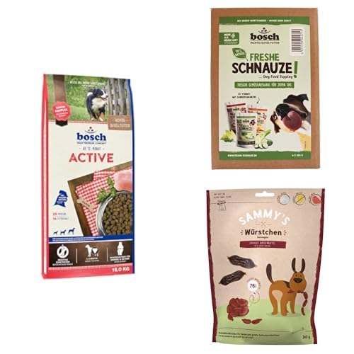 Bundle: Active Hundefutter für aktive Hunde + Topping Gemüse-Mixpaket Freshe Schnauze + Sammy's Wasserbüffel Würstchen Snack für Hunde von bosch TIERNAHRUNG