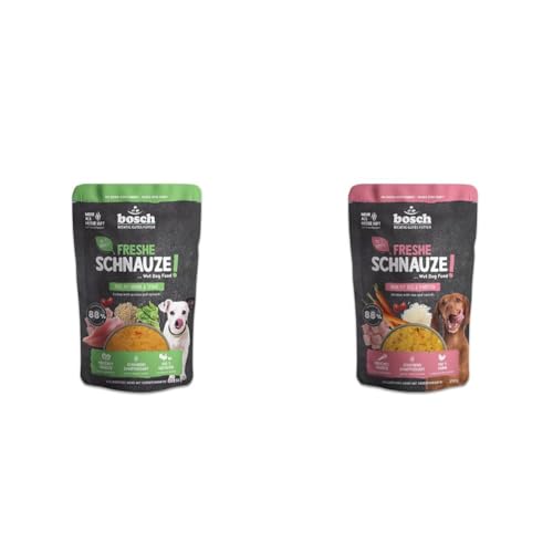 Bundle: Bosch Freshe Schnauze Pute mit Quinoa und Spinat 4 x 250 g + Huhn mit Reis und Karotten 4 x 250 g | Dampfgegartes Nassfutter für Hunde | Alleinfutter für Hunde mit hohem Fleischanteil von bosch TIERNAHRUNG