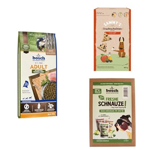 Bundle: Bosch HPC Adult mit frischem Geflügel & Hirse 1 x 15 kg + Sammy´s Fruchtschnitten 1 x 800 g + Bosch Freshe Schnauze - Gemüsekiste Aktionspaket 6 x 200 g von bosch TIERNAHRUNG