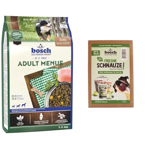 bosch HPC Adult Menue 1 x 3 kg + bosch Freshe Schnauze - Gemüsekiste Aktionspaket 6 x 200 g | Mixpaket mit Roten, Grünen und Gelben Toppings für Hundefutter | Für Trockenfutter und Nassfutter geeignet von bosch TIERNAHRUNG