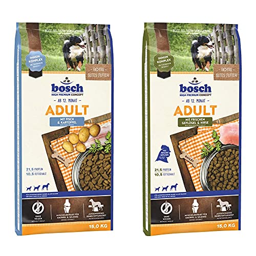 bosch HPC Adult mit Fisch & Kartoffel | Hundetrockenfutter für ausgewachsene Hunde aller Rassen | 1 x 15 kg & HPC Adult mit frischem Geflügel & Hirse | 1 x 15 kg von bosch TIERNAHRUNG