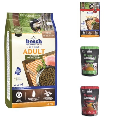 bosch HPC Adult mit frischem Geflügel & Hirse +HPC Adult mit Ente & Reis 3kg + Freshe Schnauze Pute mit Quinoa und Spinat + Freshe Schnauze Rind mit Hirse und Rote Bete 250 g Hundenassfutter & trocken von bosch TIERNAHRUNG