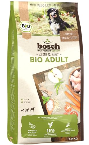 bosch HPC BIO | Adult Hühnchen & Apfel | Hundefutter für ausgewachsene Hunde aller Rassen | 100 % landwirtschaftliche Rohstoffe aus nachweislich biologischem Anbau | 1 x 1 kg von bosch TIERNAHRUNG