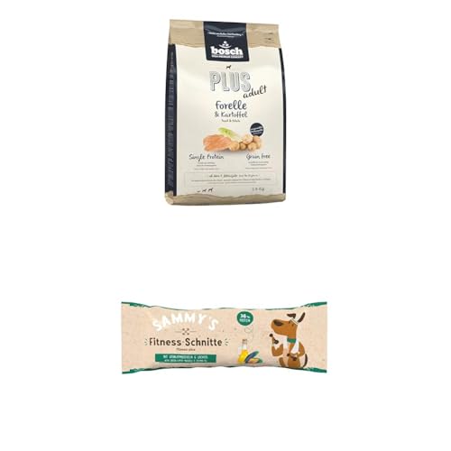 bosch HPC PLUS Forelle & Kartoffel | Hundetrockenfutter für ausgewachsene Hunde aller Rassen|Grain-Free | 1 x 2.5 kg + Sammy´s Fitness-Schnitte mit Grünlippmuscheln & Lachsöl | Riegel to-go |20 x 25 g von bosch TIERNAHRUNG