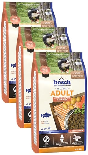 Bosch HPC Adult mit frischem Lachs & Kartoffel | Hundetrockenfutter für ausgewachsene Hunde Aller Rassen | 1 x 1 kg (Packung mit 3) von bosch TIERNAHRUNG