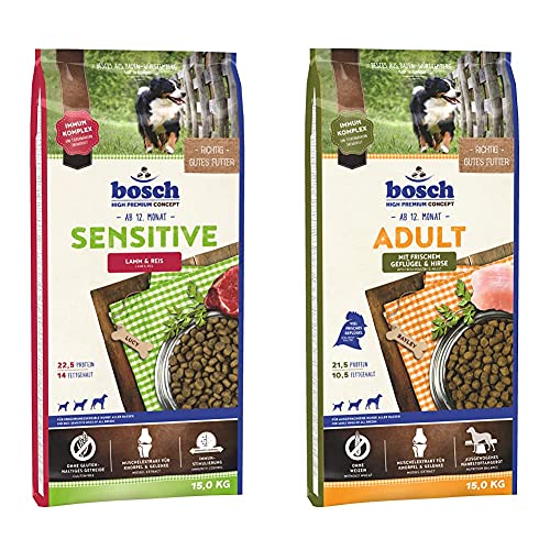 Bosch HPC Sensitive Lamm & Reis | Hundetrockenfutter für ernährungssensible Hunde Aller Rassen | 1 x 15 kg & HPC Adult mit frischem Geflügel & Hirse| 1 x 15 kg von bosch TIERNAHRUNG