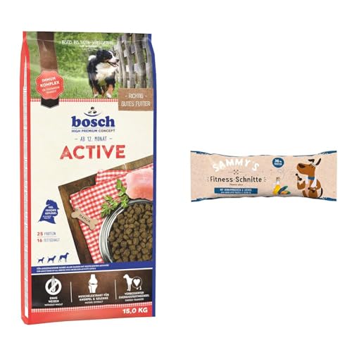 Bundle: Bosch HPC Active | Hundetrockenfutter für ausgewachsene Hunde mit gesteigerter Aktivität | 1 x 15 kg + SammyFitness-Schnitte mit Grünlippmuscheln & Lachsöl | Proteinriegel to go |20 x 25 g von bosch TIERNAHRUNG