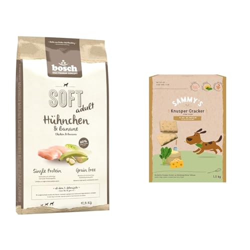 Bundle: bosch HPC SOFT Hühnchen & Banane | halbfeuchtes Hundefutter für ausgewachsene Hunde aller Rassen | 1 x 12.5 kg + Sammy´s Knusper-Cracker | mit Käse- und Spinatfüllung | 1 x 1 kg von bosch TIERNAHRUNG