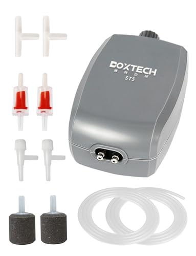 Boxtech Aquarium Luftpumpe Regelbar Durchfluss，Fisch Membranpumpe Doppelauslass,Teich Luftsprudler Mit Zubehör für Aquarien(3,5 Watts) von boxtech