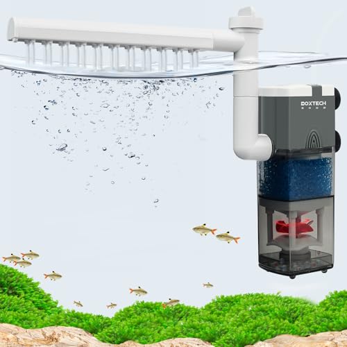 boxtech Aquariumfilter Interner 3W,4 in 1 Aquariumfilter Leistungspumpe Ultra Leise Einstellbarer Schwammfilter,Durchflussmenge 220L/H, geeignet für 5-65 Liter von boxtech