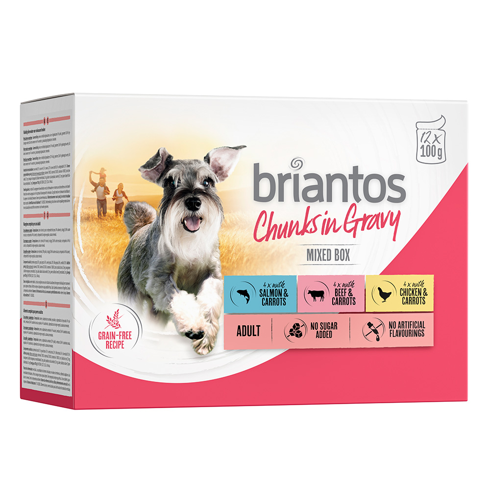 Briantos Chunks in Gravy 12 x 100 g -  Mixpaket (Huhn, Rind & Lachs) von briantos