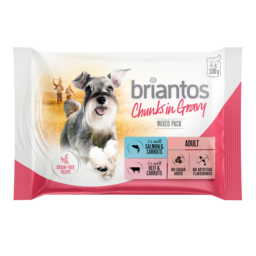 Briantos Frischebeutel Probiermix 4 x 100 g - Chunks in Gravy (Lachs & Rind) von briantos