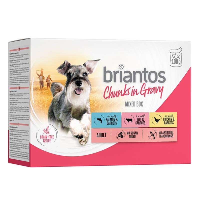 Sparpaket Briantos Chunks in Gravy 48 x 100 g -  Mixpaket (Huhn, Rind & Lachs) von briantos