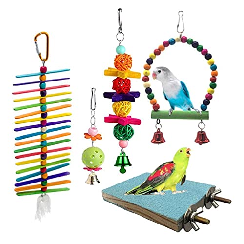 buleerouy 5-teiliges Vogelspielzeug-Set, Papageienschaukel-Spielzeug, buntes Kauen, hängende Sitzstange, Rattan-Ball für Conure Finken, Mynah, Lovebird, Vogelspielzeug-Set für Papageien Sittiche von Frotox