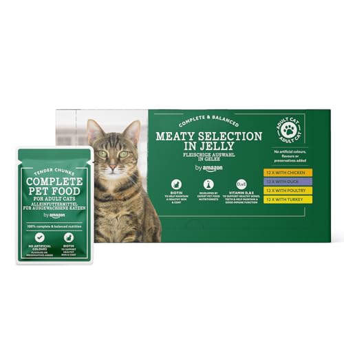 by Amazon Getreidefreies Alleinfutter für ausgewachsene Katzen, Fleischauswahl in Gelee, 4,8 kg (48 Packungen à 100 g) von by Amazon