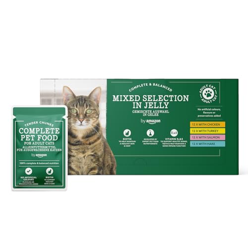 by Amazon Getreidefreies Alleinfutter für ausgewachsene Katzen, gemischte Auswahl in Gelee, 4,8 kg (48 Packungen à 100 g) von by Amazon