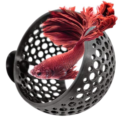 byMazy Höhlenlounge, Versteck Aquarium Ornament mit Saugnapf für Betta, Fische und Garnelen zum Schwimmen, Verstecken, Ausruhen - Aquarium-Dekoration mit Pflanzenhalter (Schwarz, Medium) von byMazy