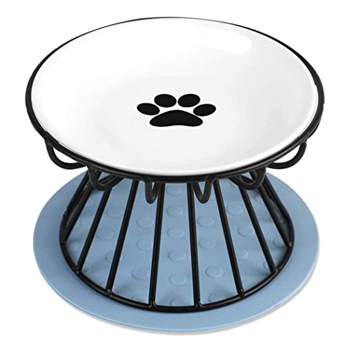 byepica Katzennapf - Erhöhter Keramik-Katzennapf, Anti-Erbrechen Pet Feeder Bowl Ständer mit rutschfester Matte, Flacher Futter- & Wassernapf für Katzen, geeignet für alle Katzen (Schwarz) von byepica