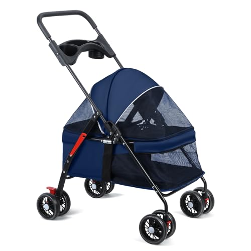 cadciehe 4-Räder-Hund Katze Kinderwagen, Outdoor Reise Hustier Falsher Kinderwagen, Hund Katze Käfig Kinderwagen MIT Cup Halfter Blau von cadciehe