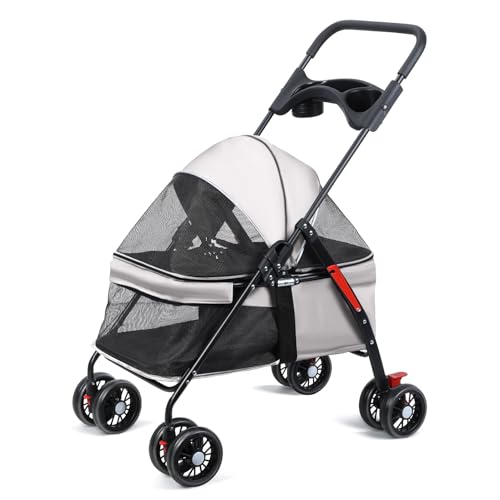 cadciehe 4-Räder-Hund Katze Kinderwagen, Outdoor Reise Hustier Falsher Kinderwagen, Hund Katze Käfig Kinderwagen MIT Cup Halfter Grau von cadciehe