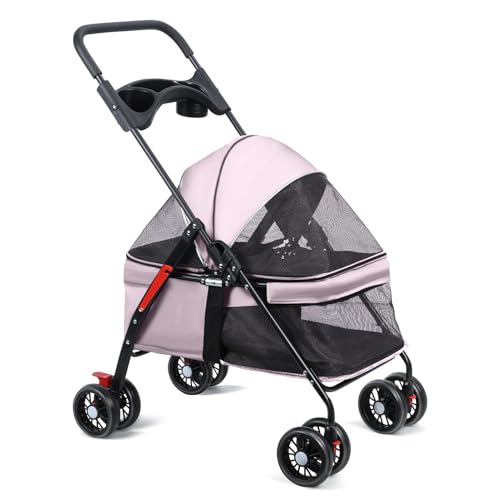 cadciehe 4-Räder-Hund Katze Kinderwagen, Outdoor Reise Hustier Falsher Kinderwagen, Hund Katze Käfig Kinderwagen MIT Cup Halfter Rosa von cadciehe