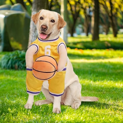 cadciehe Hunde-Basketball-Halloween-Kostüm, Hunde-Basketball-Kostüm mit Ball, Hunde-Basketballspieler-Kostüm, Haustier-Outfit, Halloween-Hunde-Verkleidungskleidung, Basketball-Trikot Gelb L von cadciehe