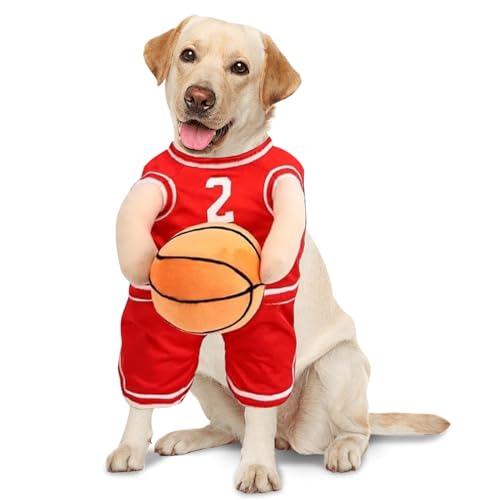 cadciehe Hunde-Basketball-Halloween-Kostüm, Hunde-Basketball-Kostüm mit Ball, Hunde-Basketballspieler-Kostüm, Haustier-Outfit, Halloween-Hunde-Verkleidungskleidung, Basketball-Trikot Rot L von cadciehe