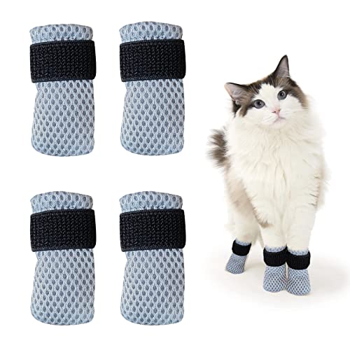 Katzenstiefel, Pfotenabdeckungen, kratzfeste Katzenfußabdeckungen für Katzen, verstellbares Netz, Katzenkrallenschutz, rutschfest, atmungsaktiv, Baden und Nagelschneiden (4 Stück) (Grau, L) von caichuxiye