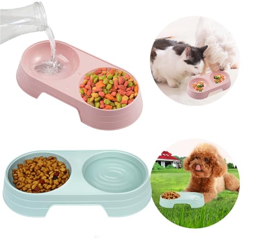 2Pcs Double Cat Bowls Plastic Puppy Cats Bowl Mehrzweck-Katze Hund Futterschalen Kätzchen Feeder Bowl Dog Water Drinking Feeder PP Candy Solid Farbe für Haustier Katze Hund Kleintier (Pink + Hellblau) von cakefly