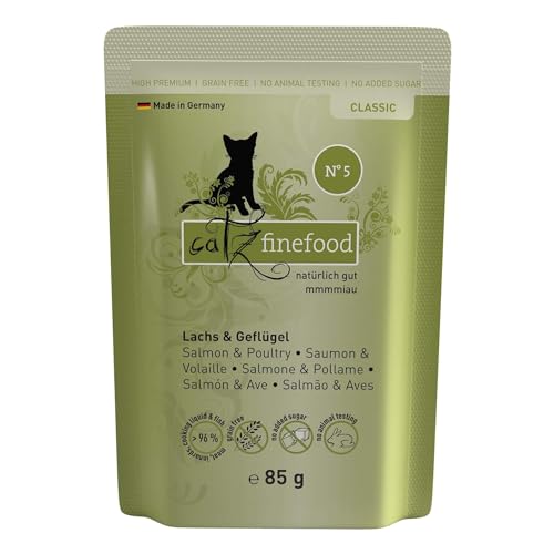 catz finefood Classic N° 5 Lachs & Geflügel Katzenfutter nass - Gourmet Nassfutter für Ihre Katze ohne Zucker & Getreide, glutenfrei - mit hohem Fleischanteil, Made in Germany (24 x 85g Beutel) von catz finefood