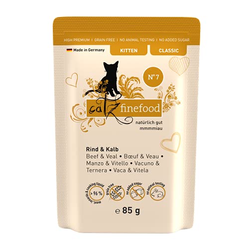 catz finefood Kitten N 7 Rind und Kalb Katzenfutter nass - Feinkost Kitten Nassfutter für junge Katzen ohne Getreide und Zucker mit hohem Fleischanteil, 16 x 85g Beutel von catz finefood