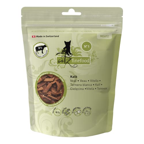 catz finefood Meatz Katzen Leckerlies Kalb N° 5 - knusprige Streifen aus Kalbfleisch - gegrillt und getrocknet - Katzensnack ohne Zucker, getreidefrei, 45g von catz finefood