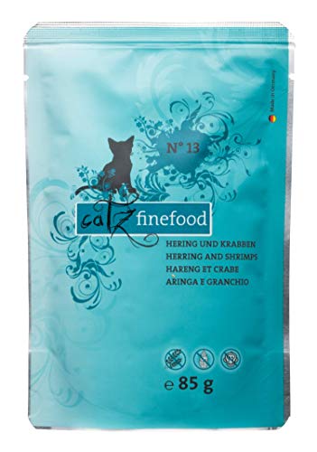 catz finefood N° 13 Hering & Krabben Feinkost Katzenfutter nass, verfeinert mit Kürbis & Aloe Vera, 1 x 85 g Beutel von キャッツファインフード