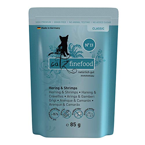 catz finefood N° 13 Hering & Shrimps Feinkost Katzenfutter nass, verfeinert mit Kürbis & Aloe Vera, 16 x 85g Beutel von catz finefood