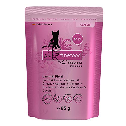 catz finefood N° 19 Lamm & Pferd Feinkost Katzenfutter nass, verfeinert mit Zucchini & Tomate, 16 x 85g Beutel von catz finefood