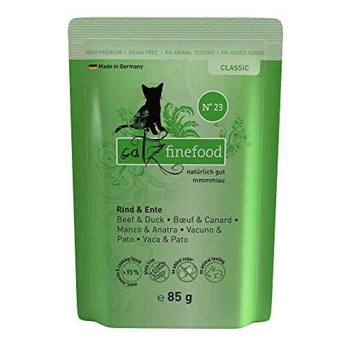 catz finefood N° 23 Rind & Ente Feinkost Katzenfutter nass, verfeinert mit Cranberry & Aloe Vera, 16 x 85g Beutel von catz finefood