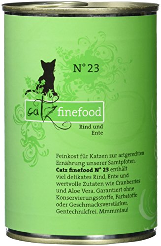 catz finefood N° 23 Rind & Ente Feinkost Katzenfutter nass, verfeinert mit Cranberry & Aloe Vera, 6 x 400g Dosen von catz finefood