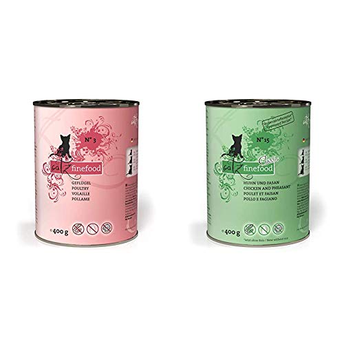 catz finefood N° 3 Geflügel Feinkost Katzenfutter nass, verfeinert mit Preiselbeeren, 6 x 400g Dosen & N° 15 Huhn & Fasan Feinkost Katzenfutter nass, verfeinert mit Quinoa & Kresse, 6 x 400g Dosen von catz finefood