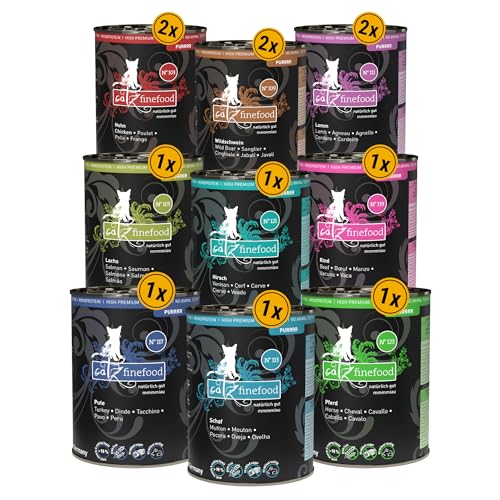 catz finefood Purrrr Collection Mix-Paket Katzenfutter nass - Monoprotein Feinkost Nassfutter für Ihre Katze getreidefrei, zuckerfrei, hypoallergen mit hohem Fleischanteil, 12 x 400g Dosen von catz finefood