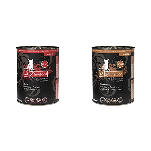 catz finefood Purrrr Huhn Monoprotein Katzenfutter nass N° 103, für ernährungssensible Katzen, 70% Fleischanteil, 6 x 400g Dose & Purrrr Wildschwein Monoprotein Katzenfutter nass N° 109, 6 x 400g Dose von catz finefood