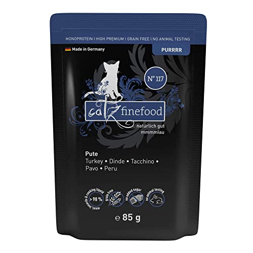 catz finefood Purrrr Pute Monoprotein Katzenfutter nass N° 117, für ernährungssensible Katzen, 70% Fleischanteil, 16 x 85g Beutel von catz finefood