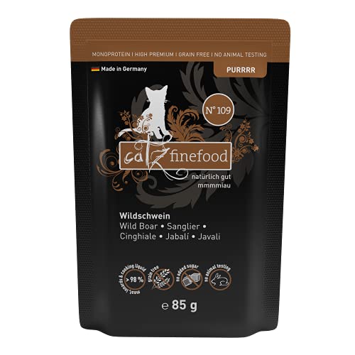 catz finefood Purrrr Wildchwein Monoprotein Katzenfutter nass N° 109, für ernährungssensible Katzen, 70% Fleischanteil, 16 x 85g Beutel von catz finefood