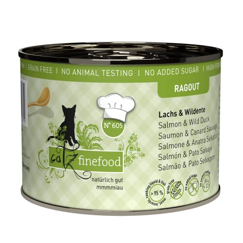 catz finefood Ragout N° 605 Lachs & Ente Katzenfutter nass - Feinkost Nassfutter für Katzen in Sauce ohne Getreide und Zucker mit hohem Fleischanteil, 6 x 190 g Dose von catz finefood