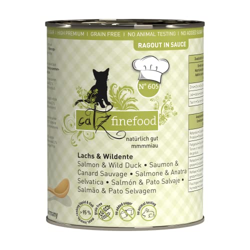 catz finefood Ragout N° 605 Lachs & Ente Katzenfutter nass - Feinkost Nassfutter für Katzen in Sauce ohne Getreide und Zucker mit hohem Fleischanteil, 6 x 380 g Dose von catz finefood