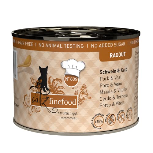 catz finefood Ragout N° 609 Schwein & Kalb Katzenfutter nass - Feinkost Nassfutter für Katzen in Sauce ohne Getreide und Zucker mit hohem Fleischanteil, 6 x 190 g Dose von catz finefood