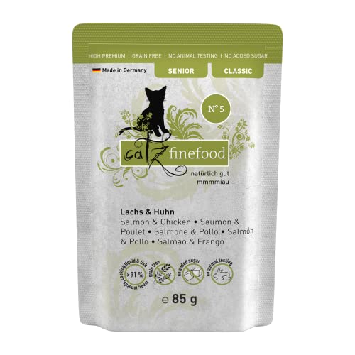 catz finefood Senior N°05 Lachs & Huhn Katzenfutter nass - Premium Nassfutter für Ihre Senior Katze - getreidefrei, ohne Zucker, hoher Fleischanteil, Vitamine & Mineralien (16 x 85g Beutel) von catz finefood