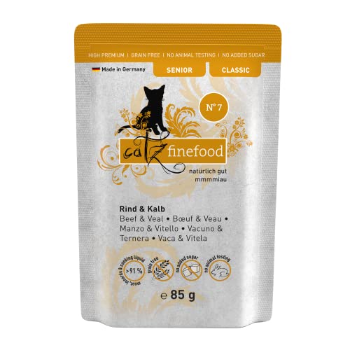 catz finefood Senior N°07 Rind & Kalb Katzenfutter nass - Premium Nassfutter für Ihre Senior Katze - getreidefrei, ohne Zucker, hoher Fleischanteil, Vitamine & Mineralien (16 x 85g Beutel) von catz finefood